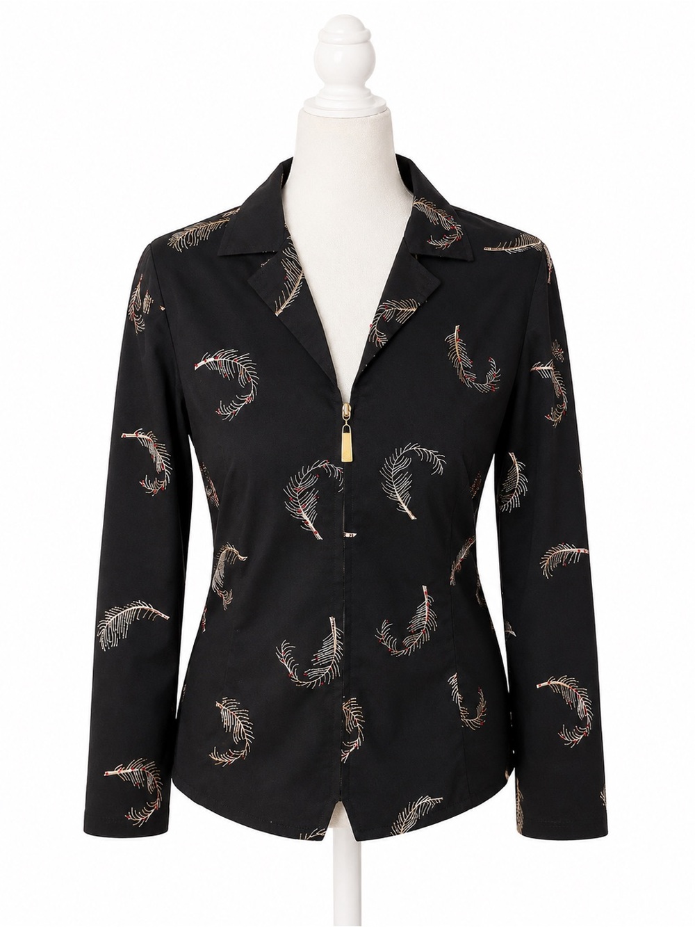 Dana Buchman Women’s Black Feather Print Zip Front Jacket Blazer Size 4